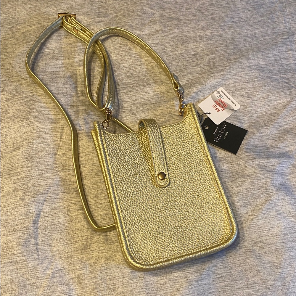 Julia Buxton Gold Guitar Strap Hobo Cellphone Bag Purse RFID NWT